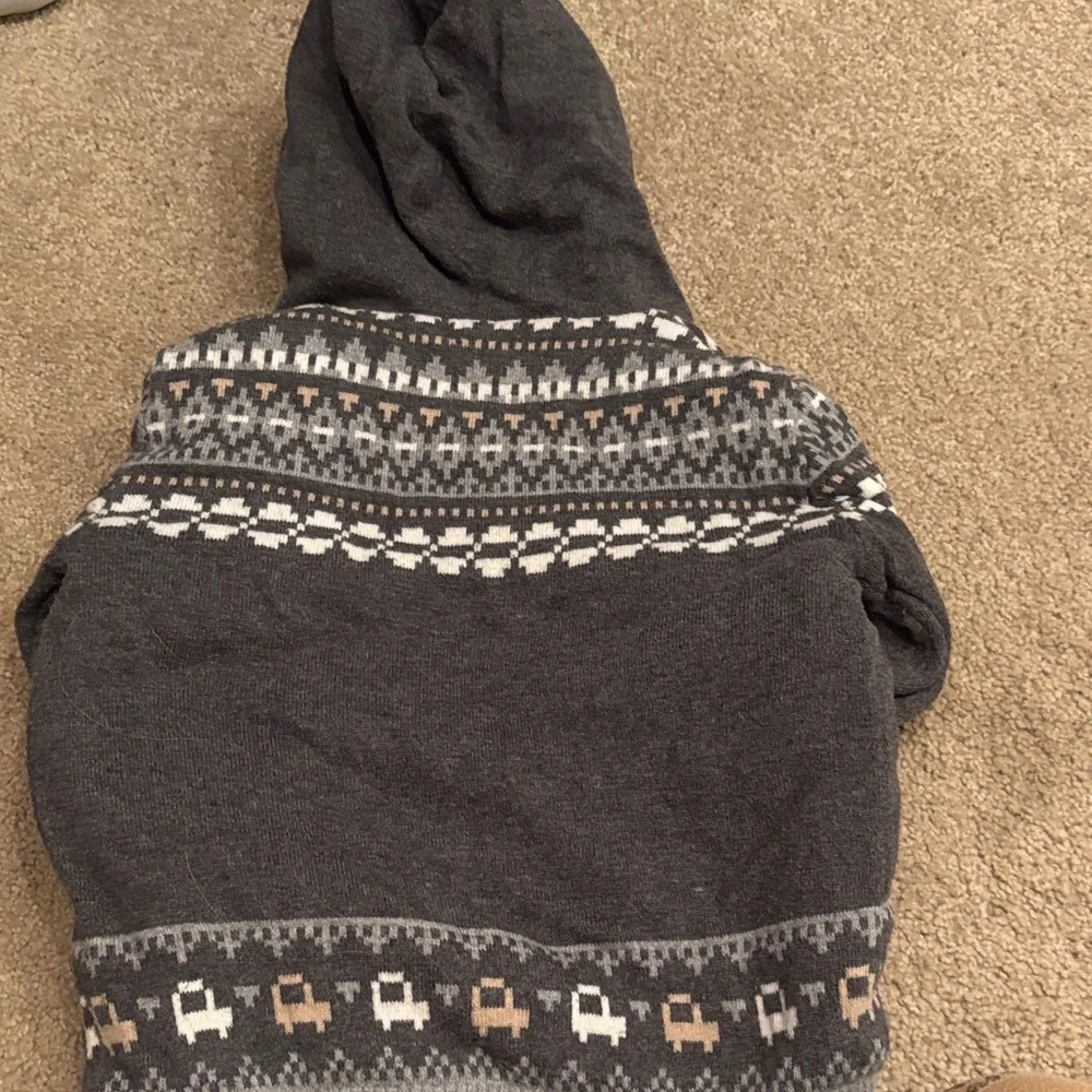 Kids Hooded Zip Sweater - Dark Gray Fair Isle Pattern